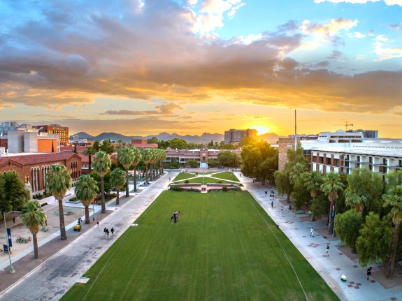 An overhead shot of the University of Arizona mall with students walking on the sidewalk