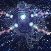 An image of a digital brain with different wires and lights pointing out